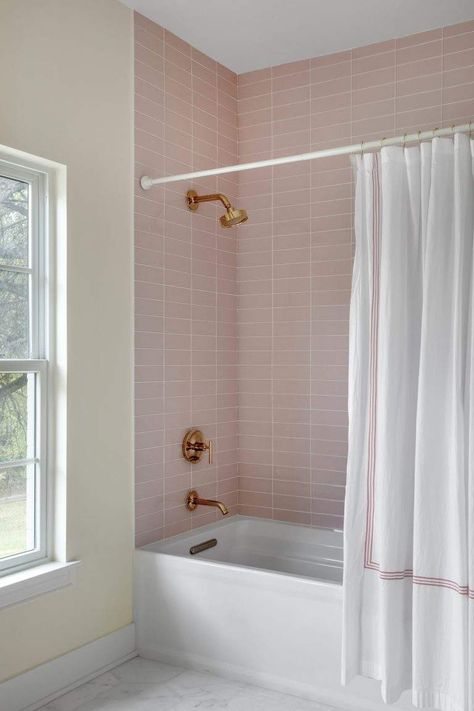 ETCH DESIGN GROUP AUSTIN TX ONION CREEK (28) Pink Subway Tile Bathroom, Bathroom Subway Tile Ideas, Pink Subway Tile, Dark Brown Hardwood Floors, Shower Curtain Ideas, Stylish Shower Curtain, Waffle Weave Shower Curtain, Subway Tiles Bathroom, Tile Layout