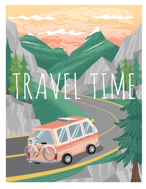 Travel time. Camper van on a mountain road. Vacation Illustration Art, Camping Illustration Art, Trip Illustration, Weekend Illustration, Vacation Illustration, Camping Poster, Camping Illustration, Present Drawing, Vintage Road Trip