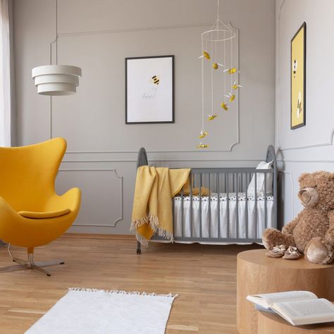 Nursery Ideas Yellow, Yellow Nursery Girl, Magical Kids Room, Yellow Nursery Walls, Home Decorating Styles, Gorgeous Nursery, Kids Room Interior, Small Space Nursery