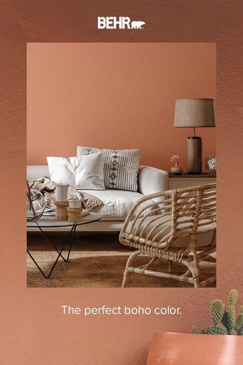 Discover Terra Cotta Clay, the perfect color for your desert boho aesthetic. Terra Cotta Wall Color, Terra Cotta Living Room, Terra Cotta Paint Color, Southwest Modern, Warm Grey Paint Colors, Terracotta Paint, Warm Gray Paint, Behr Colors, Color Of The Month