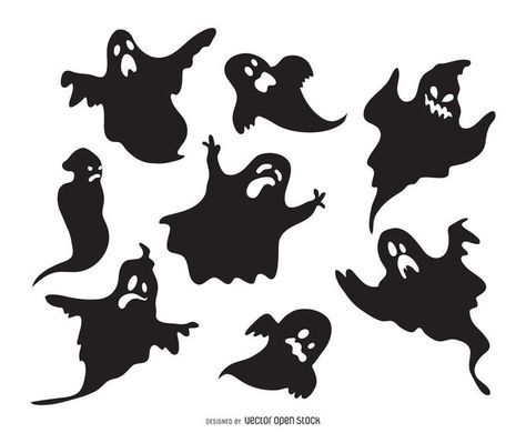 Set of ghost silhouettes featuring ghosts with different expressions and shapes. Great for Halloween designs. Trick or treat! Ghost Template, Ghost Silhouette, Moldes Halloween, Halloween Stencils, Halloween Facts, Silhouette Template, Adornos Halloween, Halloween Window, Cricut Halloween