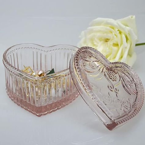 Fancy Objects, Uni Dorm, Box Aesthetic, Embossed Jewelry, Jewerly Displays, Makeup Desk, Art At Home, Glass Jewelry Box, Heart Shape Box