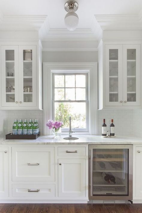 Molding Bar With Window, White Kitchen Hardware, Paper White Benjamin Moore, Pantry Plans, Cabinets To Ceiling, Home Wet Bar, Custom Kitchens Design, Creative Interior Design, Kitchen Cabinet Hardware