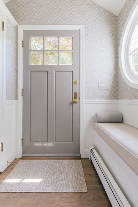 Grey Doors White Walls, Painted Doors Interior, White Walls White Trim, Grey Walls White Trim, Interior Door Color, Hallway Doors, Interior Door Colors, Grey Interior Doors, Greige Walls