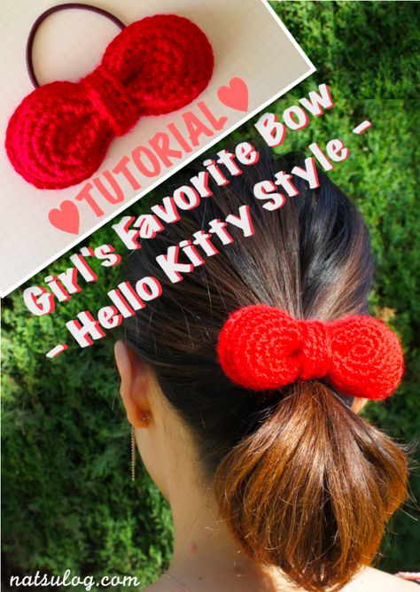 Hello Kitty Bow Crochet, Fabric Bow Tutorial, Hello Kitty Style, Bow Crochet, Headwear Accessories, Kitty Style, Hello Kitty Crochet, Yarn Organization, Hello Kitty Bow