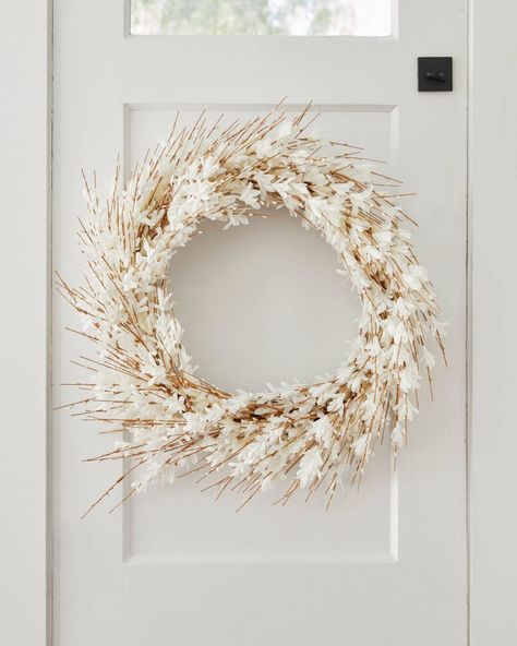 balsam-hill-white-forsythia-wreath-0821 Forsythia Wreath, Faux Succulent Wreath, Grass Wreath, Olive Wreath, Floral Door Wreaths, Traditional Wreath, Heart Shaped Wreaths, All Season Wreath, Pink Wreath