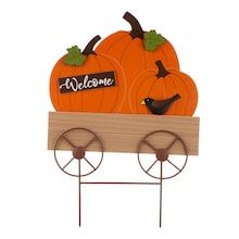 26" GlitzHome® Wooden Pumpkin Cart Yard Stake Harvest Porches, Pumpkin Cart, Wooden Turkey, Thanksgiving 2020, Metal Pumpkins, Church Bulletin, Pumpkin Thanksgiving, Wooden Pumpkins, Wood Pumpkins