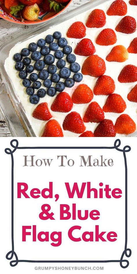 This Red, White, and Blue Flag Cake is a no bake dessert made with store bought pound cake, jellow, whipped cream and fresh strawberries and blueberries arranged to resemble the U.S. Flag. It is an… Red White And Blue Cakes, Flag Cheesecake, Red White Blue Cake, Flag Cake, Patriotic Food, Patriotic Desserts, 4th Of July Cake, Blue Desserts, Party 2023