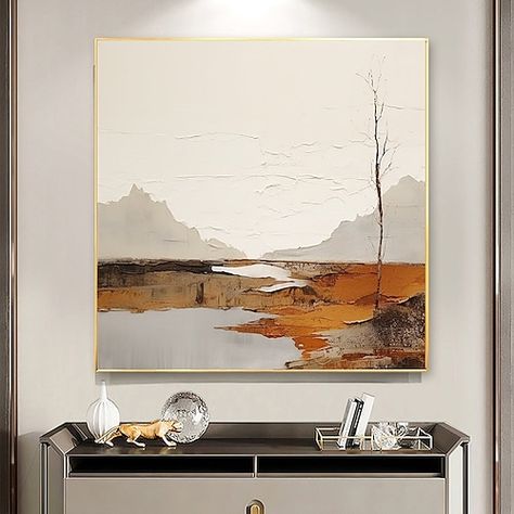 Mountain Oil Painting, Beige Decor, Minimalist Living Room Decor, Grand Art Mural, Hand Painted Wall Art, Lake Art, Custom Painting, Hand Painted Walls, Neutral Beige