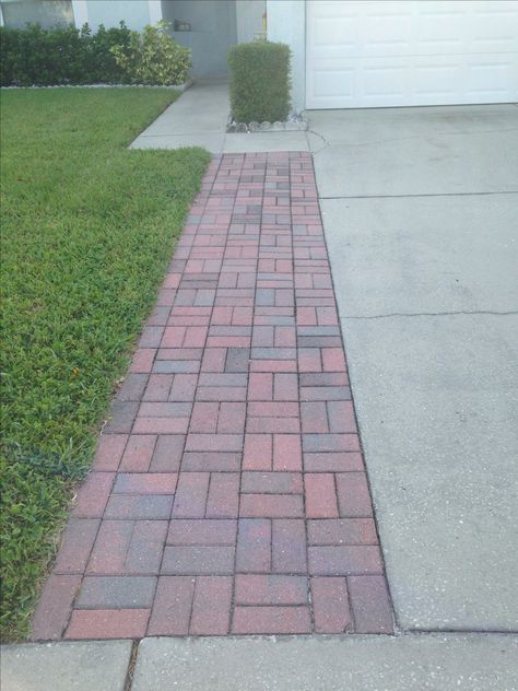 Extend driveway - a great way to provide a hard-surface loading-unloading-landing area when the vehicles occupy most of the driveway surface - a great universal design solution! Driveway Pavers Extension, Driveway Diy, Walkway Design Ideas, Ideas For Front Yard, Front Yard Walkway, Front Yard Landscape, Walkway Design, Brick Walkway, Driveway Design