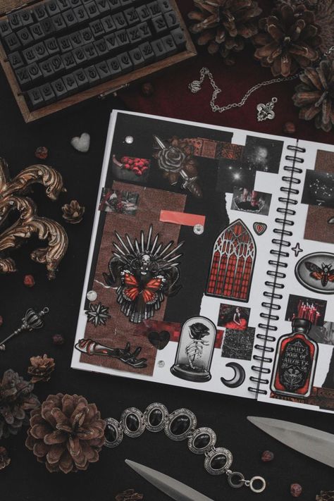 Red And Black Scrapbook Pages, Gothic Bujo, Gothic Bullet Journal, Red Gothic Aesthetic, Aesthetic Bujo Ideas, Bullet Boy, Dark Journal, Dark Academia Collage, Academia Collage