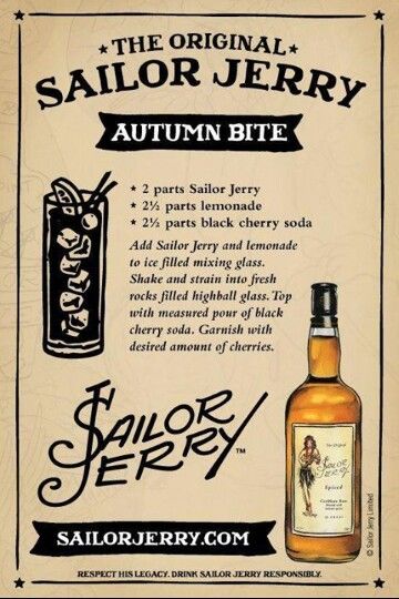 Autumn Bite. Sailor Jerry Spiced Rum, lemonade, black cherry soda, cherries. Page no longer exists Sailor Jerry Drinks, Spiced Rum Recipes, Sailor Jerry Rum, Black Cherry Soda, Rum Recipes, Malibu Rum, Liquor Drinks, Drink Bar, Rum Drinks