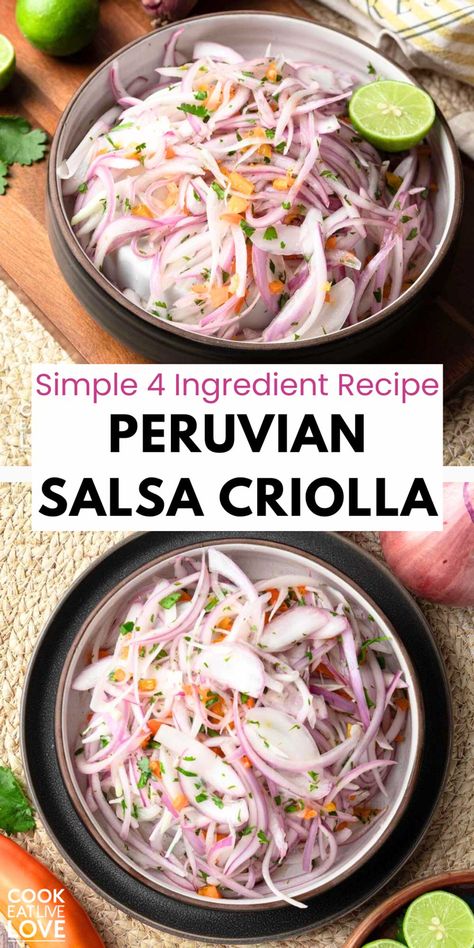 Add a burst of flavor to your meals with this quick 4 ingredient Salsa Criolla recipe! This healthy Peruvian-inspired topping is the perfect addition to salads, burgers, or even tacos. Made with fresh onions, peppers, and a zesty lime dressing, it's a simple yet delicious way to enhance your dishes. Ideal for meal prep, this vibrant salsa will add a refreshing taste to your meals. #salsacriolla #easysidedishes Peruvian Salsa Criolla, Salsa Criolla Peruvian, Peruvian Tacos, Peruvian Side Dishes, Peruvian Salsa, Peruvian Salad, Peruvian Food Recipes, Latino Recipes, Peruvian Dishes