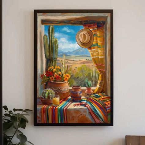 Enhance your space with this vibrant Mexican village window canvas painting. Perfect as a cultural gift, this stunning piece brings the charm and color of a traditional Mexican village into your home, beautifully framed and ready to hang. *Captivating depiction of a Mexican village window scene *High-quality canvas with vivid, lasting colors *Framed and ready to hang, no assembly required *Ideal for living rooms, kitchens, or offices *Adds a lively, cultural touch to your decor 🎨 Elevate Your S Mexican Wall Art Home Decor, Window Canvas Painting, Rustic Mexican Home Decor, Mexican Paintings Ideas, Mexican Farmhouse Decor, Southwest Farmhouse, Modern Mexican Home Decor, Mexican Village, Mexican Art Painting