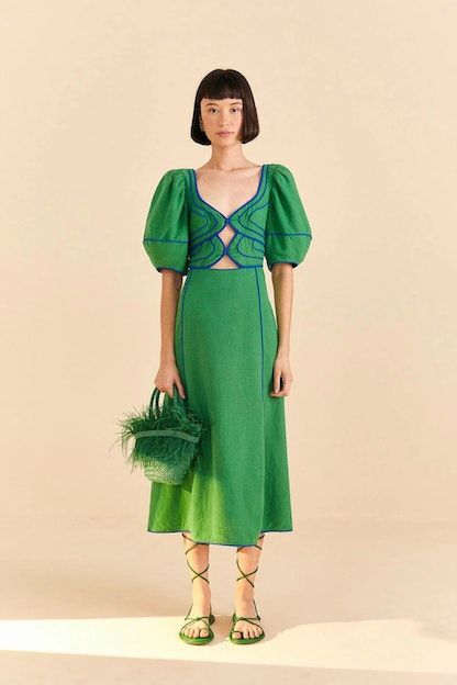 Farm Rio Green Linen Dress Outfit, Farm Rio Dress, Look Formal, Block Dress, Green Midi Dress, Farm Rio, Midi Maxi Dress, Puffed Sleeves, Guest Outfit