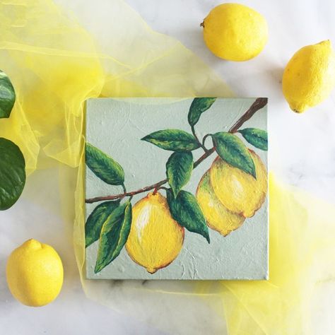 Painted with Acrylic by Artist Evelyn Gold Lemon Gouache Painting, Painting Ideas Lemons, Lemon Acrylic Paintings, 4x4 Paintings Ideas, Lemon Canvas Painting, Fruit Painting Acrylic, Lemon Canvas, Painting Lemons, Lemons Painting