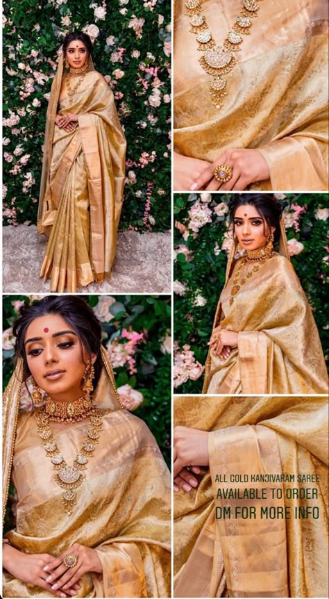 Gold Kanjeevaram Saree Bridal, Golden Saree Jewellery Ideas, Royal Bengali Bride Reception Look, Dresses Degins, Bengali Bride Traditional Look, Bengali Reception Look, Gold Banarasi Saree, Bengali Bride Reception Look, Royal Wedding Outfits