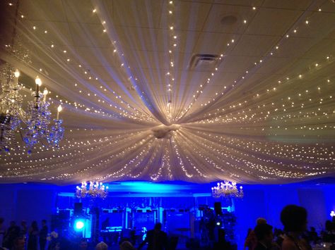 This was the ceiling decor at my cousin's cotillion ball...it looked amazing in photos! Sweet 16 Ceiling Decorations, Royal Ball Decorations, Filipina Debut, Bat Mitzvah Decorations, 18th Debut, Deb Ball, Ceiling Swag, Fundraiser Party, Debut Ideas