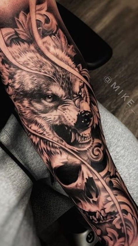 Wolf And Skull Tattoo Design, Dark Tattoo Sleeve Men, Wolf Tattoo Design Men Forearm, Wolf And Skull Tattoo, Half Sleeve Tattoos Wolf, Half Sleeve Tattoos For Men, Werewolf Tattoo, Black And White Flower Tattoo, Sleeve Tattoos For Men