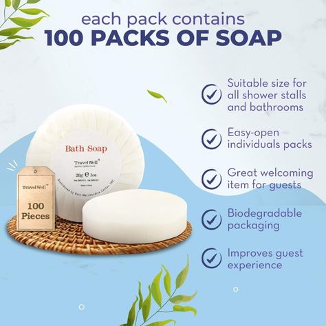 •VERSATILE FOR TRAVEL & HOSPITALITY - TravelWell provides bulk amenity packs for a variety of uses: great for hotels or motels, inns, AirBnBs, VRBOs, vacation rentals, guest bedrooms, resorts, bed & breakfasts, offices, gyms, spas, etc. •100 PIECE VALUE PACK - Included are 100 mini soap bars, representing a great value for money! Cost effective for the buyer, and also a great refreshing experience for the users •TRAVEL SIZED SMALL SOAPS - Each bar is individually wrapped in hygienic and tamper r Hotel Soap, Mini Soaps, Bath Soap, Soap Bars, Shower Stall, Guest Bedrooms, Bed And Breakfast, Vacation Rentals, Care Products