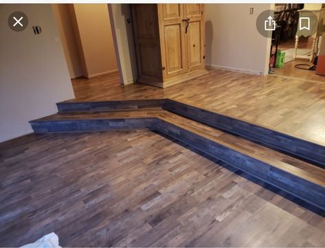 Sunken Living Room Flooring Transition, Vinyl Flooring Living Room, Room Transition, Lifeproof Vinyl Flooring, Grey Vinyl Flooring, Transition Flooring, Residential Flooring, Sunken Living Room, Floor Molding