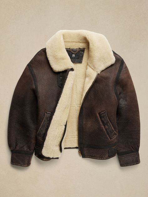 Adana Shearling Aviator Jacket | Banana Republic Aviator Outfit Aesthetic, Mens Aviator Jacket, Cool Winter Jackets, Aviator Jacket Men, Aviator Jacket Outfit, Brown Aviator Jacket, Aesthetic Jacket, Leather Shearling Jacket, Shearling Aviator Jacket