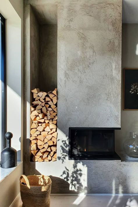 A Contura stove in a textured chimney breast with sunlight coming in over the woodstore to the left. Corner Stove, High Ceiling Living Room, Porch Addition, Wood Burning Stoves, Living Room Decor Fireplace, Industrial Living, Living Room Design Inspiration, Corner Fireplace, Home Fireplace