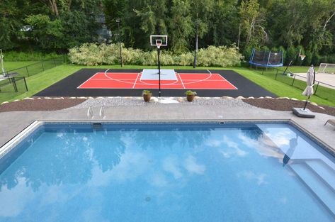 Pool And Basketball Court, Tennis Court Backyard, Backyard With Pool, Backyard Court, Home Basketball Court, Basketball Court Backyard, Backyard Basketball, Backyard Sports, Pool Basketball