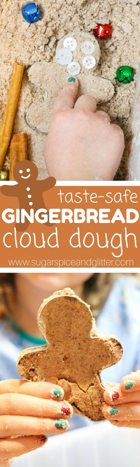 Gingerbread Cloud Dough - an edible sensory bin for kids inspired by the Gingerbread Man (or Gingerbread Baby). Our newest winter sensory bin Taste Safe Christmas Sensory Bin, Gingerbread Cloud Dough, Edible Activities, Preschool Gingerbread, Cloud Dough Recipe, Edible Sensory, Cloud Dough Recipes, Winter Sensory Bin, Winter Activities For Toddlers