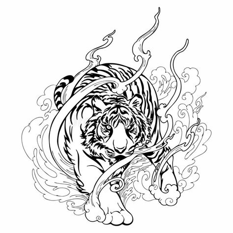 Walking Tattoo, Cloud Black And White, Japanese Cloud Tattoo, Tigre Y Dragon, White Tiger Tattoo, Traditional Tattoo Black And White, Big Cat Tattoo, Tiger Walking, Hawk Tattoo