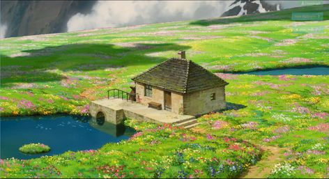 Howl's Moving Castle flower field Howls Moving Castle, Studio Ghibli, A House, A Small, Castle, Water, Flowers, Green, Howl's Moving Castle