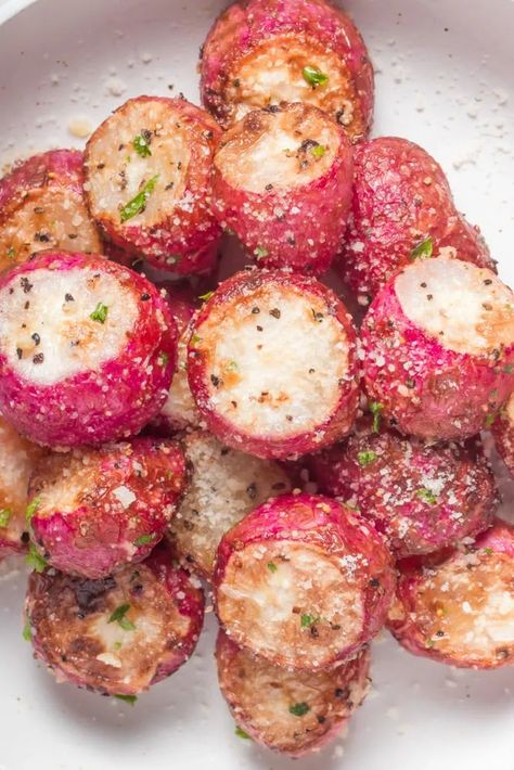 15 Minute Air Fryer Radishes 1 Air Fryer Radishes, Garlic Parmesan Potatoes, Bacon Wrapped Jalapenos, Parmesan Potatoes, Gluten Free Cheese, Garlic Parmesan, Radishes, Bacon Wrapped, Breakfast Lunch Dinner