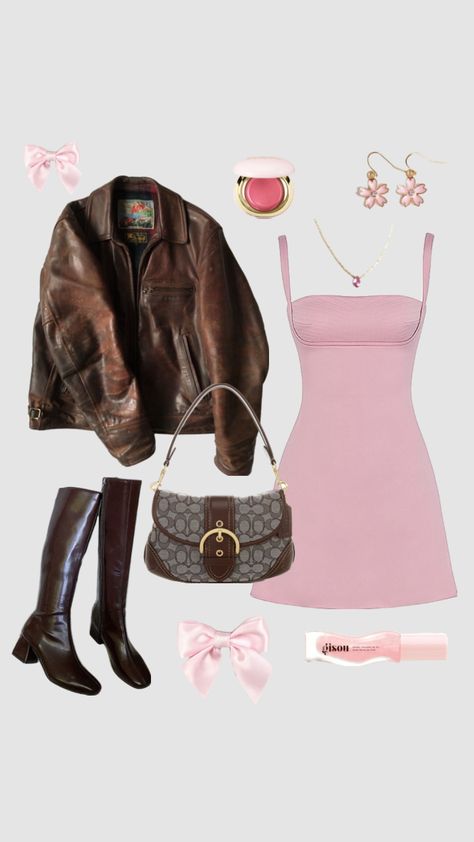 #pink #pinkaesthetic #pinkoutfits #girlyoutfits #coquetteoutfits #coquette #outfits #outfitideas #outfitinspo #outfitinspiration #outfitcollage #pinkdressoutfit #dressoutfit #brownleatherjacket Pink Dress Outfits, Coquette Outfits, Outfit Collage, Cute Fit, Brown Leather Jacket, New York Travel, Pink Outfits, Airport Outfit, Girly Outfits