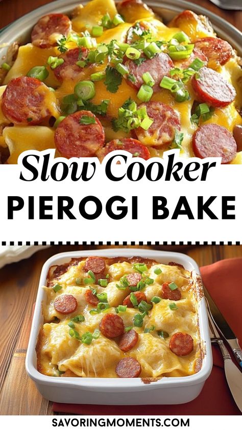 This Slow Cooker Creamy Pierogi Casserole combines soft pierogies, melted cheese, and a creamy sauce for an unforgettable meal that’s as easy as it is delicious! Save this quick and easy recipe for busy days #PierogiCasserole #SlowCookerComfort #CreamyPierogi #EasyDinnerRecipe #CozyMeals #DinnerInspo #PierogiBake #CheesyGoodness #FamilyFavorite #SlowCookerMeals #QuickAndEasyDinners #ComfortCasserole Pierogi Bake, Perogie Casserole, Pierogi Casserole, Perogies Recipe, Pierogi Recipe, Comfort Casseroles, Ground Beef Casserole, Slow Cooker Dinner, Cheesy Recipes