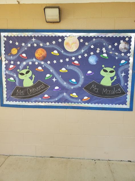 Planet Bulletin Board Ideas, Squishmallow Bulletin Board, Out Of This World Theme, School Counselor Bulletin Boards, Space Bulletin Boards, Counselor Bulletin Boards, Space Theme Classroom, Door Bulletin Boards, Bullentin Boards