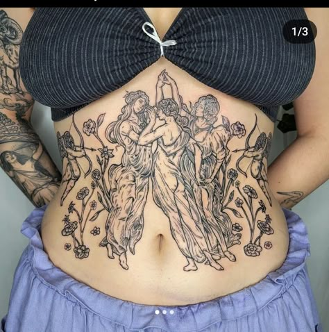 Stomach Tattoos Women, Stomach Tattoo, Medieval Tattoo, Torso Tattoos, Tapestry Hanging, The Three Graces, Stomach Tattoos, Line Work Tattoo, Three Graces