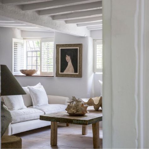 Serene, lovely, authentic English cottage interior with white, raw wood beams, and European antiques - Anton & K. #englishcottage #oldworldstyle Cotswold Cottage Interior, European Cottage Interiors, Cotswold Cottage, European Cottage, Modern Rustic Decor, Cottage Interior, Cottage Interiors, Hello Lovely, Rustic Cottage