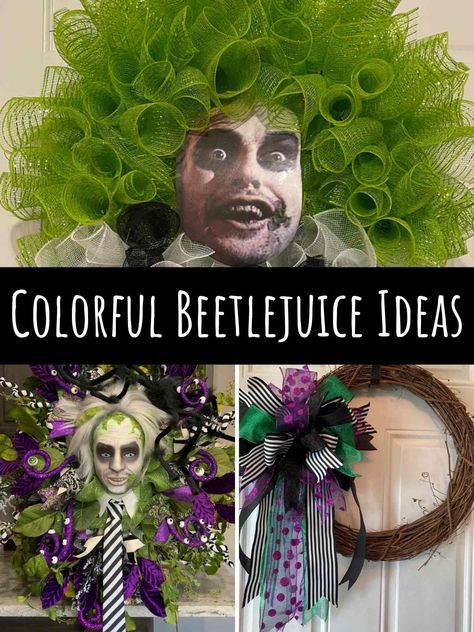 Beetlejuice Wreath Ideas for Halloween - PinkPopDesign Bettle Juice Wreath, Bettlejuice Wreath, Beetlejuice Wreath Ideas, Beetlejuice Door Decoration Diy, Beetlejuice Wreath Diy, Beetlejuice Diy Decorations, Beetle Juice Wreath, Beetlejuice Crafts Diy, Beetlejuice Door Decoration