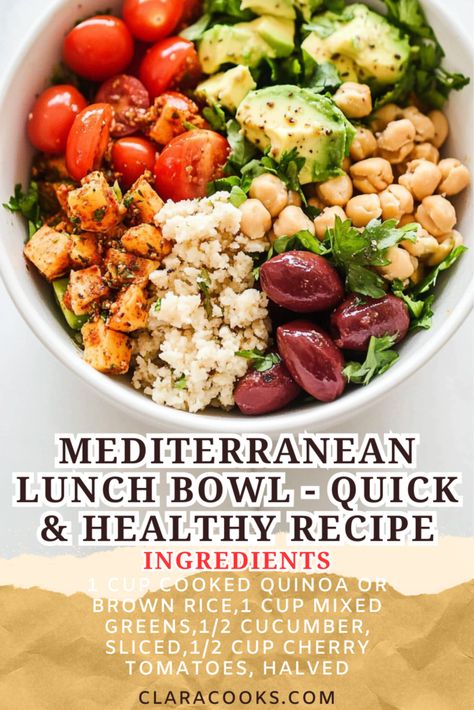 Mediterranean Lunch Bowl - Quick & Healthy Recipe Mediterranean Diet Lunches, Clean Lunch Ideas, Mediterranean Lunch Ideas, Mediterranean Lunch Recipes, Mediterranean Diet Lunch Ideas, Simple Healthy Lunch Ideas, Clean Eating Lunch Ideas, Lunch Bowl Recipe, Mediterranean Lunch