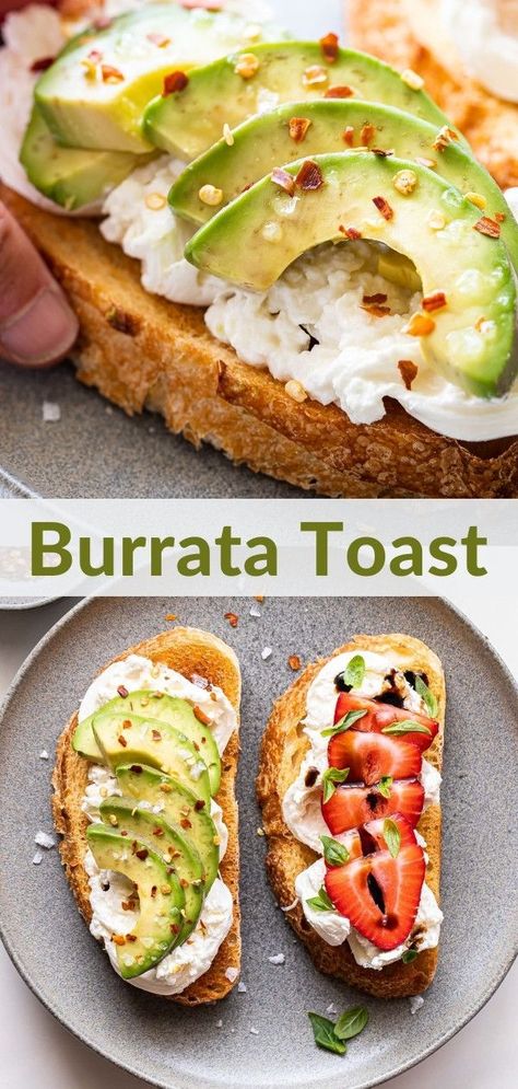 Burrata Toast is perfect for snacking or breakfast! If you're craving savory make the avocado toast version and if you're in the mood for sweet the strawberry toast will hit the spot! #burrata #toast #avocadotoast #strawberries #burratatoast #breakfast #snacks Burrata Toast, Strawberry Toast, Fancy Toast, Savory Breakfast Recipes, Burrata Cheese, Breakfast Toast, Best Breakfast Recipes, No Dairy Recipes, Breakfast Snacks