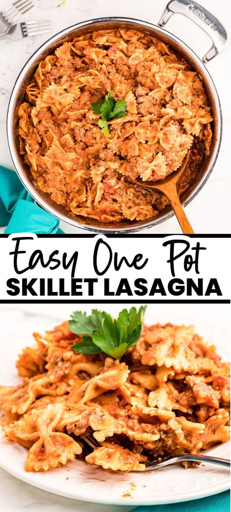 This skillet lasagna recipe with bowtie noodles is an easy one-skillet weeknight dinner full of savory ground beef, gooey mozzarella, tangy sour cream, pasta sauce, and flavorful herbs. It's a great way to get your lasagna fix all on your stovetop. Bowtie Skillet Lasagna, Easy Lasagna Skillet, Lasagna Bowtie Pasta, Ground Beef Lasagna Recipe Easy, Lasagna With Bow Tie Pasta, Meals With Bowtie Pasta, Dinner Ideas Stovetop Meals, Cheap Stove Top Dinner Ideas, Skillet Pasta Recipes Ground Beef