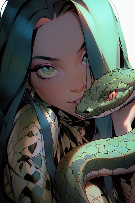 Character Design With Tattoos, Snake Anime, Snake Girl, Arte Sketchbook, Cool Art Drawings, Art Anime, Green Hair, Character Design Inspiration, Anime Character Design