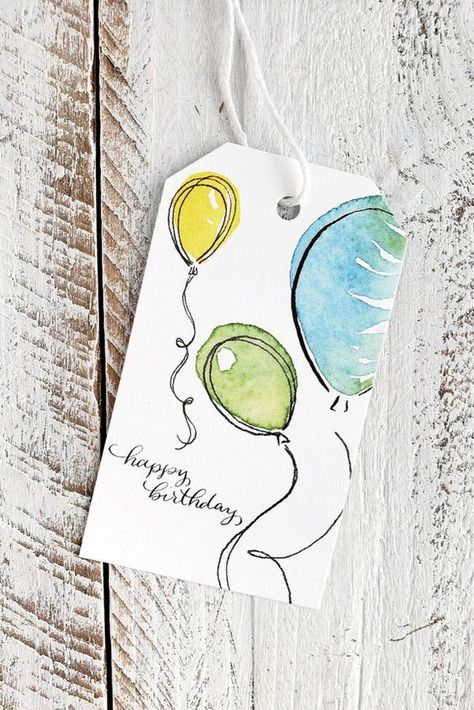 Add cheerful color to any birthday gift with watercolor birthday gift tags. Name Tags For Table, Balloons Gift, Gift Tags Birthday, Watercolor Birthday Cards, Painting Birthday, Birthday Card Drawing, Birthday Card Craft, Birthday Gift Tags, Watercolor Birthday