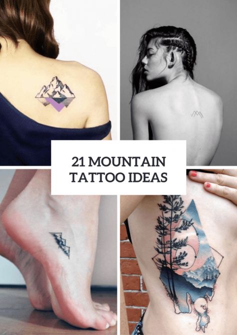 Tree And Mountain Tattoos, Mountain Tattoo Placement, Small Mountain Tattoos For Women, Mountain Tattoos For Women, Tattoo Placement For Women, Mountain Tattoo Ideas, Watercolor Mountains Tattoo, Dainty Flower Tattoos, Moutain Tattoos