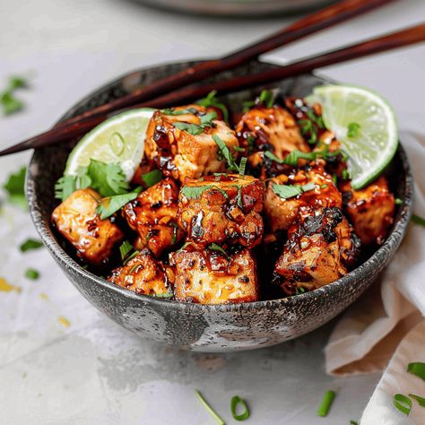 Pan-Fried Garlic Tofu with Soy Lime Sauce Peanut Butter Squares, Pan Fried Tofu, Mediterranean Chickpea Salad, Marinated Tofu, Lime Sauce, Garlic Fries, Extra Firm Tofu, Fried Tofu, Breakfast Lunch Dinner