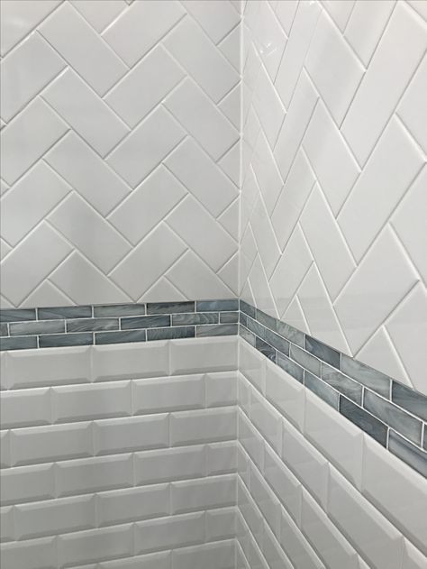 White subway tiled bathroom - so happy! Multiple Tile Patterns In Bathroom, White Subway Tile Bathroom, Lake Bathroom, Tiled Bathroom, Subway Tiles Bathroom, Bathroom Shower Walls, Shower Designs, Floor Tile Design, Shower Walls