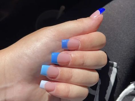 Light Blue And Dark Blue French Tip Nails, Light To Dark French Tip Nails, Blue Nails Dark To Light, Different Shades Of Blue Nails French Tip, Different Shades Of Blue French Tips, Shades Of Blue French Tip Nails, Blue French Tip Nails Design, Light To Dark Blue Nails, Dark Blue And Light Blue Nails