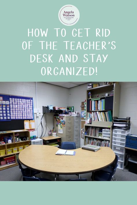 Lots of teachers are dumping their desks to make more space for student learning. While there’s certainly nothing wrong with having a teacher’s desk in your classroom (I was never bold enough to get rid of mine!), some teachers don’t want a desk because it takes up so much room, attracts clutter, and rarely gets used because teachers never have time to sit down! The big question, though, is HOW do you do it? #tipsforteachers #classroomorganization #classroomideas Teacher Desk With Kidney Table, Alternative Teacher Desk Ideas, Teacher Computer Desk, Classroom Without Teacher Desk, Teacher Desk Ideas Work Spaces, No Desk Classroom Teachers, Organize Teacher Desk, Classroom Teacher Desk Setup, Teacher Desk Alternative Ideas