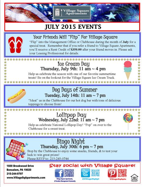 Join us for our fun and tastyJuly events! Fun Community Events, Community Events Activities, July Resident Event Ideas, July Resident Events, Hoa Events Ideas, Apartment Community Events, January Party Themes, Hoa Activities, Resident Events Property Management