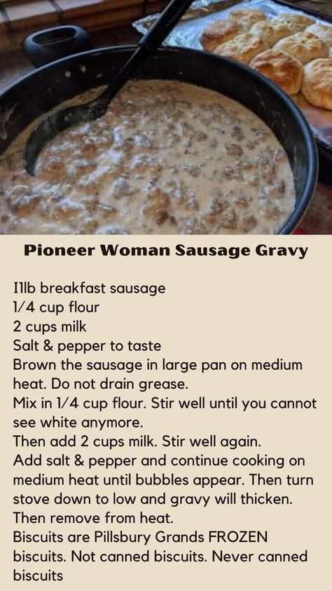 Pioneer Women Sausage Gravy 🥰🥰 - Cheap Dinner Ideas Sausage Gravy Pioneer Woman, Easy Camp Breakfast Ideas, Pioneer Woman Sausage Gravy And Biscuits, Biscuits And Gravy Pioneer Woman, Sausage Gravy For A Crowd, Pioneer Woman Gravy, Pioneer Woman Biscuits And Gravy, Cheap Thanksgiving Dinner, Pioneer Woman Breakfast Casserole